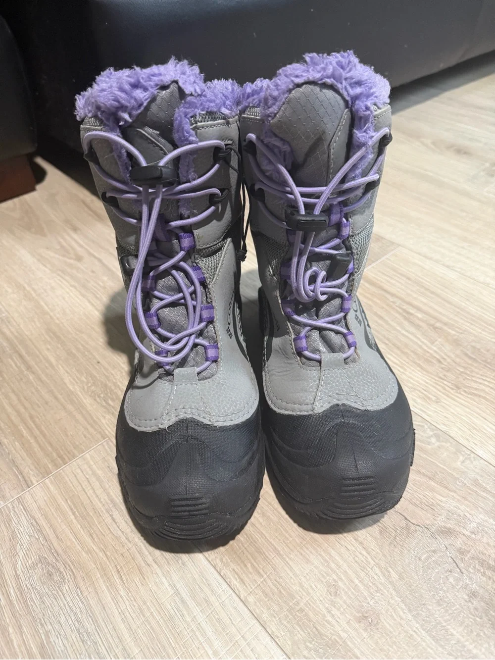 Columbia Kids Gray Winter Boots with Purple Faux-Fur Trim